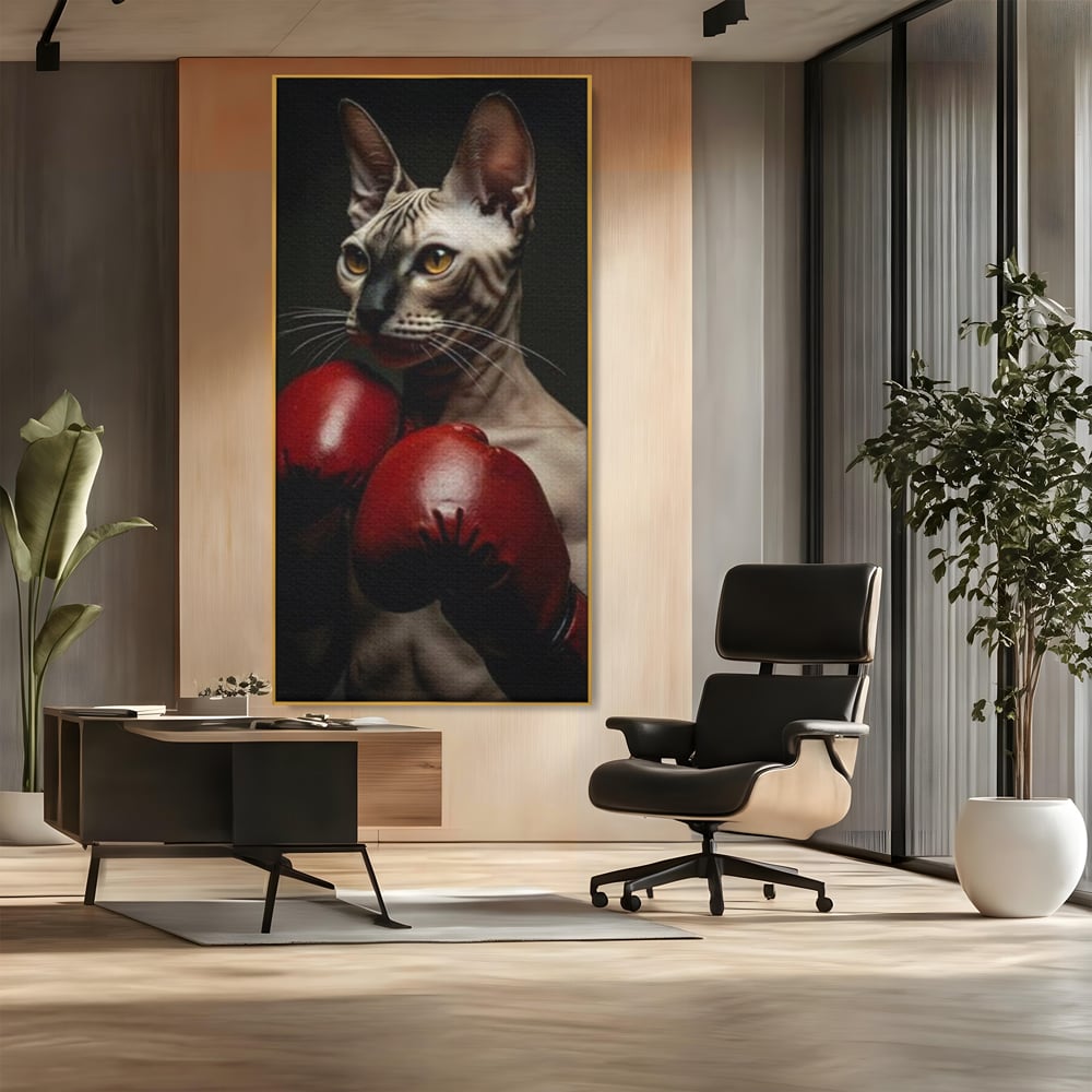 Tablou canvas cu tablou canvas cu motan sphynx boxer, in rama de aluminiu auriu, pe perete intr-un birou